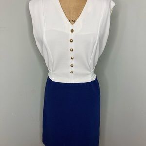 Vintage 1960s Sleeveless White and Blue MOD Dress With Gold Buttons